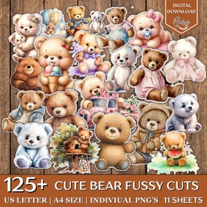 125 + Cute Bear Fussy Cuts, Cute Teddy Fussy Cuts, Scrapbook Supplies, Junk Journal Kit, Teddy bear Clipart, Fussy Cuts, Teddy Fussy Cuts