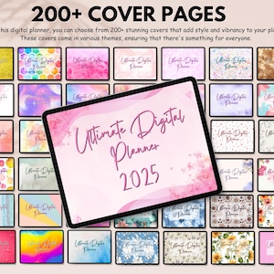 May include: A digital planner with a pink cover, the text "Ultimate Digital Planner 2025", and a grid of 200+ cover page options. The covers feature various designs, including watercolor, floral, and abstract patterns.