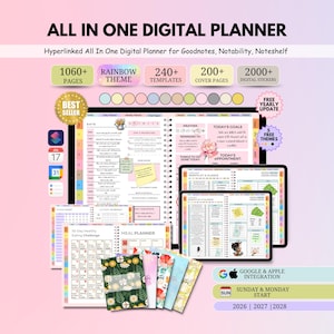 All-in-One Digital Planner 2026 2027 2028, Hyperlink Digital Planner, Daily Weekly Monthly Journal, Goodnotes Planner, Apple Google Calendar