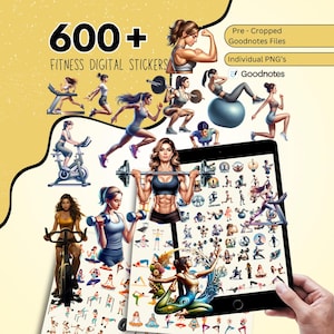 Könnte beinhalten: Digitale Fitness-Sticker mit Illustrationen von Frauen beim Training. Das Bild zeigt ein Tablet mit verschiedenen Fitness-Symbolen und dem Text "600+ FITNESS DIGITAL STICKERS". Zusätzlicher Text weist auf vorgefertigte Goodnotes-Dateien und einzelne PNGs hin.