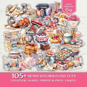 May include: A collection of watercolor illustrations of retro kitchen items, including mixers, baked goods, and floral accents. The image includes text that reads "105+ Retro Kitchen Fussy Cuts". The digital download is available in US Letter and A4 sizes.