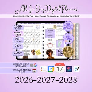 May include: Digital planner with a purple theme, featuring over 1060 pages, 240+ templates, and 200+ cover pages. Includes 2000+ digital stickers, free yearly updates, and 5 themes. Integrates with Google and Apple. Dates: 2026-2028.