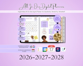 May include: A digital planner with a purple theme, featuring over 1060 pages, 240+ templates, and 200+ cover pages. Includes 2000+ digital stickers, free yearly updates, and 5 themes. Integrates with Google and Apple. Dates: 2026-2028.
