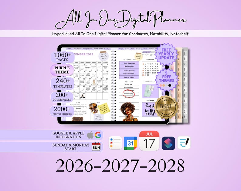 Peut inclure: Un agenda num&eacute;rique sur le th&egrave;me du violet, avec plus de 1060 pages, 240+ mod&egrave;les et 200+ pages de couverture. Comprend 2000+ autocollants num&eacute;riques, des mises &agrave; jour annuelles gratuites et 5 th&egrave;mes. Int&eacute;gration Google et Apple. Dates : 2026-2028.