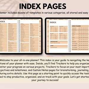 May include: Two digital planner pages displayed side-by-side, showcasing index pages. The left page features a detailed index, while the right highlights a weekly planner layout. Text at the top reads "INDEX PAGES". The bottom text welcomes users to the planner.