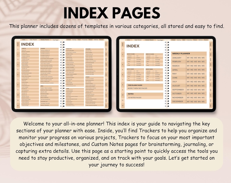 May include: Two digital planner pages displayed side-by-side, showcasing index pages. The left page features a detailed index, while the right highlights a weekly planner layout. Text at the top reads "INDEX PAGES". The bottom text welcomes users to the planner.