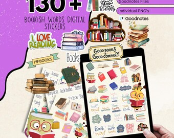 Puede incluir: Pegatinas digitales con palabras e ilustraciones relacionadas con libros, incluyendo pilas de libros y citas sobre la lectura. Una tableta muestra varios diseños de pegatinas. El texto "130+ Bookish Words Digital Stickers" está incluido.
