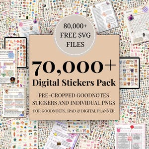 Può includere: Un pacchetto di adesivi digitali con il testo "70,000+ Digital Stickers Pack" e "80,000+ FREE SVG FILES". L'immagine mostra una varietà di adesivi digitali e pagine di pianificazione, inclusi adesivi Goodnotes pre-ritagliati e PNG individuali per Goodnotes, iPad e pianificatore digitale.