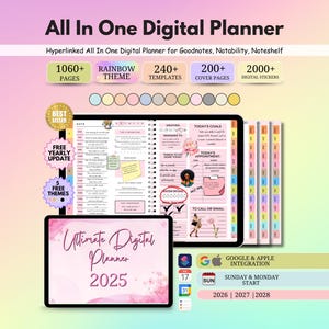 May include: Digital planner with a rainbow theme, featuring over 1060 pages, 240+ templates, and 200+ cover pages. Includes digital stickers, free yearly updates, and 5 free themes. The planner integrates with Google and Apple, and starts on Sunday and Monday.