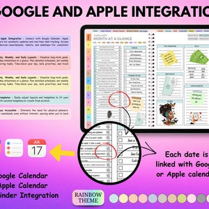 May include: Digital planner with a rainbow theme, integrating Google and Apple calendars. The planner includes monthly, weekly, and daily layouts, customizable templates, and eco-friendly design. Features include goal setting, task tracking, and reminder integration.