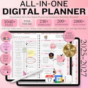May include: Digital planner with a pink theme, featuring over 1040 pages, 230+ templates, and 200+ cover pages. Includes digital stickers and integration with Google and Apple. The planner covers the years 2025-2027 and offers free yearly updates.