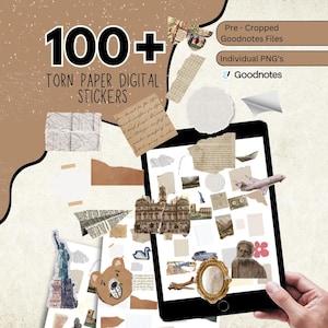 May include: A digital collage of over 100 torn paper stickers, including paper fragments, illustrations, and text. A tablet displays the stickers, with the text "Torn Paper Digital Stickers". The image has a neutral, brown color scheme.