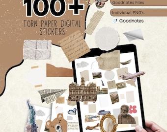 105 + Torn Paper Digital Stickers Pack, Digital Sticky Notes, Journal Paper Sticker Set, Digital Goodnotes Stickers, Washi Tape PNG
