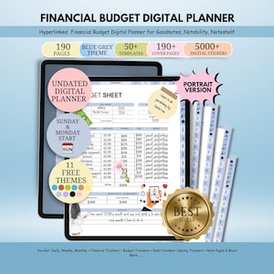 May include: A digital financial budget planner with a blue and grey theme, featuring 190 pages, 50+ templates, and 5000+ digital stickers. The planner includes an undated digital planner, Sunday & Monday start, and 11 free themes. The text says "Best Seller".