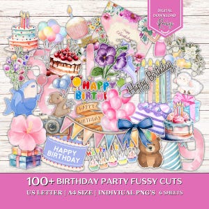 Puede incluir: Una colección de recortes digitales coloridos con temática de cumpleaños, que incluyen pasteles, globos, flores y pancartas. La imagen presenta el texto "Happy Birthday" y "100+ Birthday Party Fussy Cuts". La paleta de colores incluye rosa, azul y amarillo.