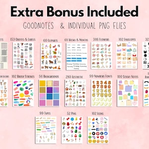 May include: Digital planner elements bundle with the text "Extra Bonus Included." Includes widgets, quotes, cliparts, flowers, envelopes, elements, watercolors, brush strokes, backgrounds, aesthetic designs, fonts, sticky notes, ribbons, tags, tapes, pins, and icons.