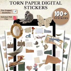 Pacchetto di oltre 100 adesivi digitali in carta strappata, post-it digitali, set di adesivi in carta per diario, adesivi digitali Goodnotes, nastro washi PNG