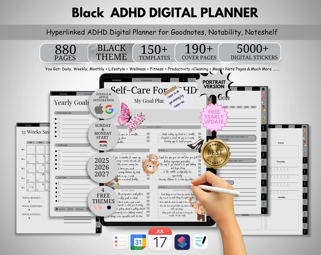 Dark ADHD Digital Planner, 2026 2027 2028 Goodnotes Planner, Adult ADHD ...