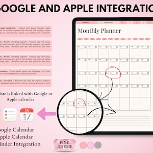 May include: A digital monthly planner on a tablet screen, featuring a pink theme. The planner integrates with Google and Apple calendars, with a focus on task tracking and reminders. Text includes "Google and Apple Integration" and "Monthly Planner."