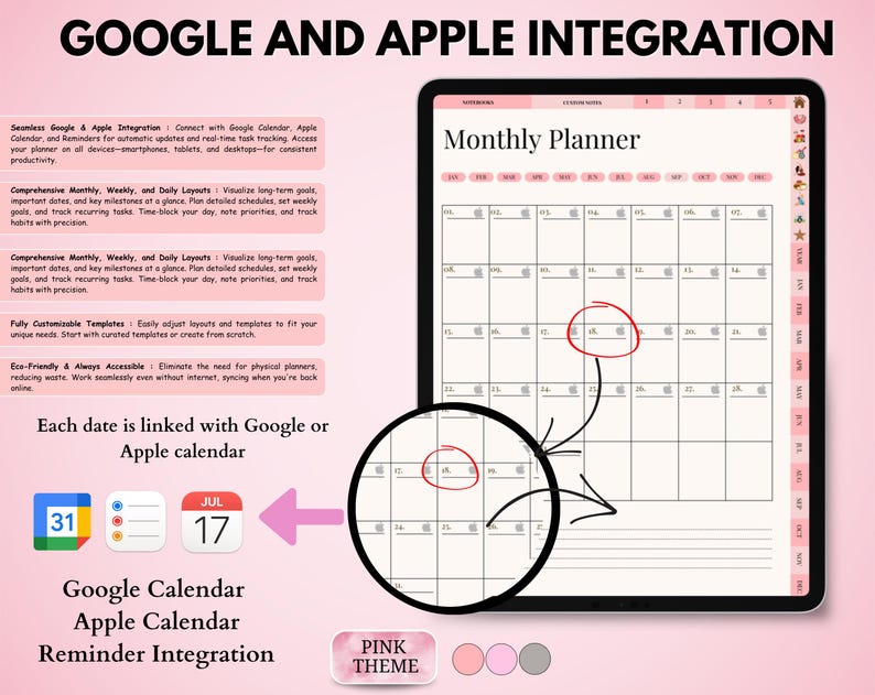May include: A digital monthly planner on a tablet screen, featuring a pink theme. The planner integrates with Google and Apple calendars, with a focus on task tracking and reminders. Text includes "Google and Apple Integration" and "Monthly Planner."