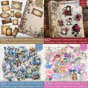 May include: A collection of digital download craft supplies, including retro book labels, burgundy flower ephemera, romantic blue ivory fussy cuts, and birthday party fussy cuts. The image shows various designs, such as flowers, clocks, and birthday-themed elements. The text includes "Digital Download" and product details.