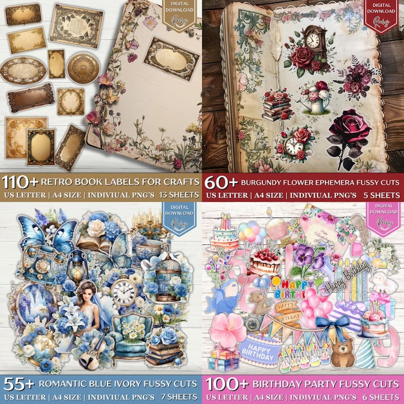 May include: A collection of digital download craft supplies, including retro book labels, burgundy flower ephemera, romantic blue ivory fussy cuts, and birthday party fussy cuts. The image shows various designs, such as flowers, clocks, and birthday-themed elements. The text includes "Digital Download" and product details.
