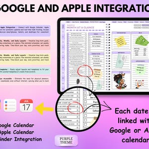 Peut inclure: Planificateur num&eacute;rique avec int&eacute;gration Google et Apple Calendar, sur le th&egrave;me violet. Le planificateur comprend des mises en page mensuelles, hebdomadaires et quotidiennes, des mod&egrave;les personnalisables et une conception &eacute;cologique. L'image montre une tablette avec une vue du calendrier de mars.