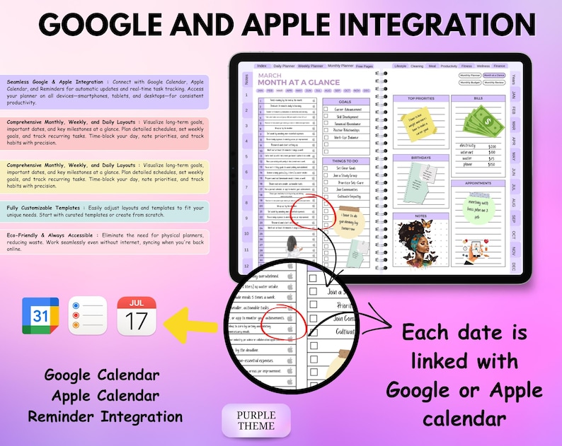 Peut inclure: Planificateur num&eacute;rique avec int&eacute;gration Google et Apple Calendar, sur le th&egrave;me violet. Le planificateur comprend des mises en page mensuelles, hebdomadaires et quotidiennes, des mod&egrave;les personnalisables et une conception &eacute;cologique. L'image montre une tablette avec une vue du calendrier de mars.