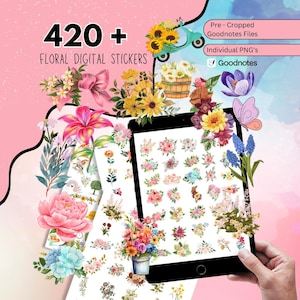 May include: A digital image showcasing floral digital stickers. The image features a tablet displaying various flower designs, surrounded by additional floral arrangements. Text reads "420+ Floral Digital Stickers" and "Goodnotes".