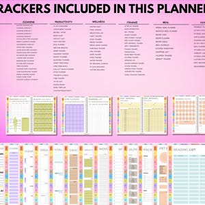 May include: A digital planner with various trackers, including lifestyle, cleaning, productivity, wellness, finance, meal, and fitness. The planner features colorful tabs and a pink background with the text "TRACKERS INCLUDED IN THIS PLANNER".