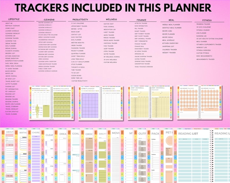 May include: A digital planner with various trackers, including lifestyle, cleaning, productivity, wellness, finance, meal, and fitness. The planner features colorful tabs and a pink background with the text "TRACKERS INCLUDED IN THIS PLANNER".