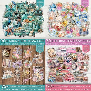 May include: Four sets of fussy cuts are displayed, each with a different theme. The themes include aqua and teal, floral tea, shabby chic sewing room, and cute shabby camping. Each set includes various images, such as teacups, sewing machines, and vintage campers.