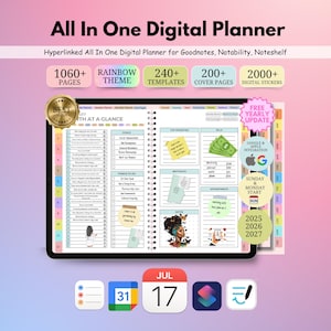 May include: A digital planner displayed on a tablet, featuring a rainbow theme and over 1060 pages. The planner includes 240+ templates, 200+ cover pages, and 2000+ digital stickers. The image also shows a calendar with the date July 17.