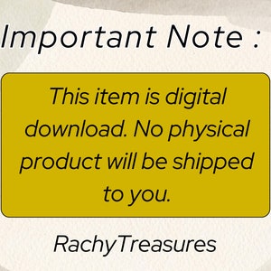 Puede incluir: Imagen con el texto "Important Note: This item is digital download. No physical product will be shipped to you." El texto est&aacute; dentro de un rect&aacute;ngulo amarillo. El texto "Rachy Treasures" est&aacute; en la parte inferior.
