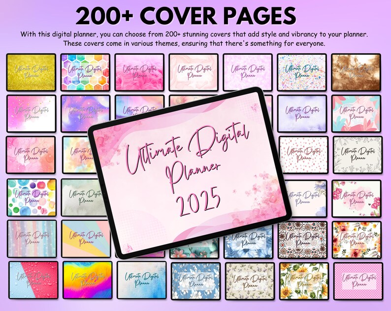 Puede incluir: Un planificador digital con el texto "Ultimate Digital Planner 2025" en la pantalla. La imagen muestra una variedad de dise&ntilde;os de portada, con el texto "200+ COVER PAGES" en la parte superior. Las portadas presentan diversos temas y estilos.