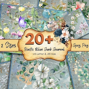 20 + Blue Junk Journal Pages, Blue Scrapbooking Paper, Rustic Blue Journal Pages, Floral Junk Journal Papers, Blue Journal Papers, Junk Kit