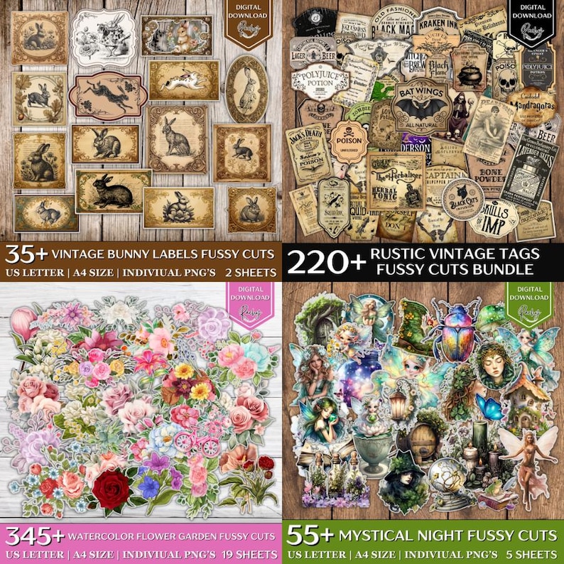 May include: A collection of digital download fussy cuts featuring vintage bunny labels, rustic vintage tags, watercolor flower garden designs, and mystical night-themed images. The image includes text that reads "35+ VINTAGE BUNNY LABELS FUSSY CUTS", "220+ RUSTIC VINTAGE TAGS", "345+ WATERCOLOR FLOWER GARDEN FUSSY CUTS", and "55+ MYSTICAL NIGHT FUSSY CUTS".