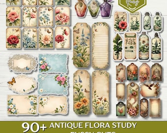90+ Antique Flora Ephemera Fussy Cuts, Junk Journal Kit, Printable Tags, Scrapbook Supplies, Vintage Journal Kit Supplies, Floral Fussy Cuts