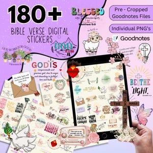 May include: A digital download of 180+ Bible verse stickers for Goodnotes. The stickers feature a variety of designs, including crosses, flowers, and inspirational quotes. The stickers are perfect for adding a personal touch to your digital planner or journal.