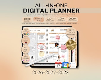 All-in-One Digital Planner 2026 2027 2028, Hyperlink Digital Planner, Daily Weekly Monthly Journal, Goodnotes Planner, Apple Google Calendar