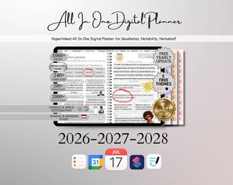 Puede incluir: Un planificador digital con el texto "All In One Digital Planner" y "2026-2027-2028". El planificador incluye más de 1060 páginas, 240+ plantillas y 200+ portadas. Cuenta con integración con Google y Apple y comienza el domingo y el lunes.