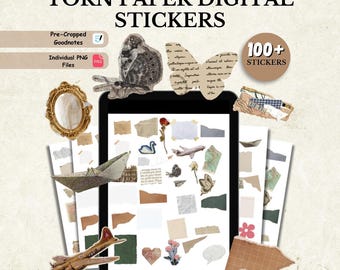100 + Torn Paper Digital Stickers Pack, Digital Sticky Notes, Journal Paper Sticker Set, Digital Goodnotes Stickers, Washi Tape PNG