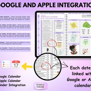 Puede incluir: Un planificador digital con un tema morado, que muestra la integraci&oacute;n de Google y Apple Calendar. El planificador muestra un dise&ntilde;o de "Mes de un vistazo", con secciones para objetivos, listas de tareas y citas. La imagen incluye iconos de calendario y las fechas 17 y 31 de julio.