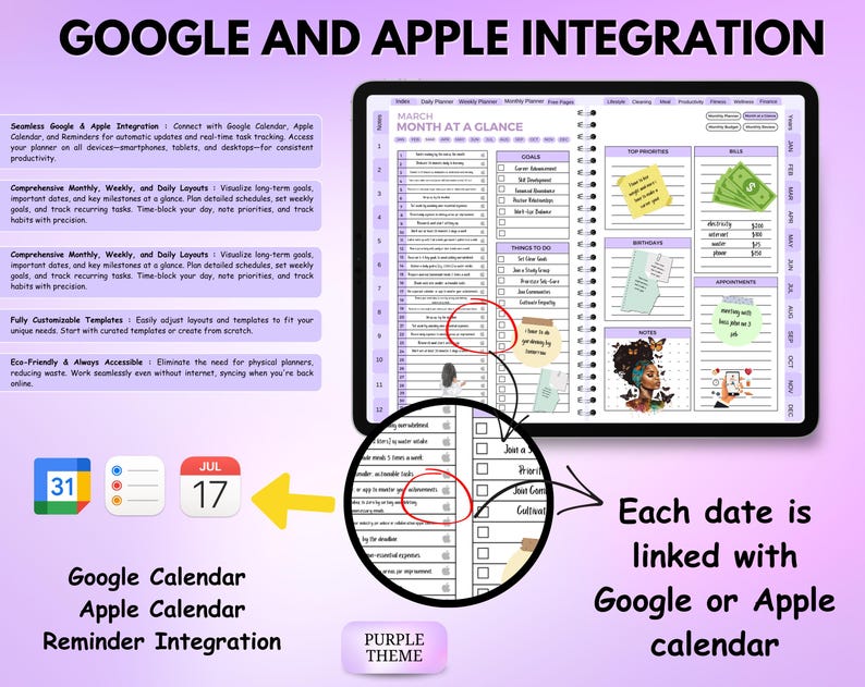 Puede incluir: Un planificador digital con un tema morado, que muestra la integraci&oacute;n de Google y Apple Calendar. El planificador muestra un dise&ntilde;o de "Mes de un vistazo", con secciones para objetivos, listas de tareas y citas. La imagen incluye iconos de calendario y las fechas 17 y 31 de julio.
