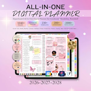 May include: A digital planner with a rainbow theme, featuring 1040+ pages, 230+ templates, and 200+ cover pages. The planner includes digital stickers and offers daily, weekly, and monthly planning options. The text on the image says "ALL-IN-ONE DIGITAL PLANNER".