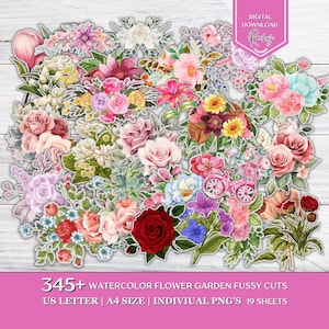 May include: A collection of watercolor flower garden fussy cuts in various colors, including pink, red, yellow, and blue. The image includes a pink bicycle and the text "DIGITAL DOWNLOAD Rachey" and "345+ WATERCOLOR FLOWER GARDEN FUSSY CUTS".