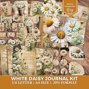 Könnte beinhalten: Ein digitales Download-Journal-Kit mit weißen Gänseblümchen-Illustrationen. Das Kit enthält verschiedene Elemente wie Tags, Journalseiten und kreisförmige Designs. Der Text auf dem Bild lautet "WHITE DAISY JOURNAL KIT US LETTER | A4 SIZE | JPG FORMAT".