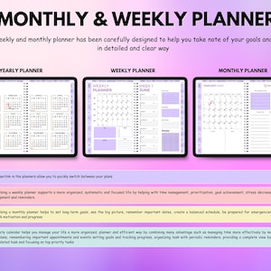 Peut inclure: Planificateur num&eacute;rique avec vues annuelles, hebdomadaires et mensuelles. Le planificateur comprend un calendrier 2025, des horaires hebdomadaires et des mises en page mensuelles. Le design comprend des accents violets et le texte "MONTHLY & WEEKLY PLANNER".