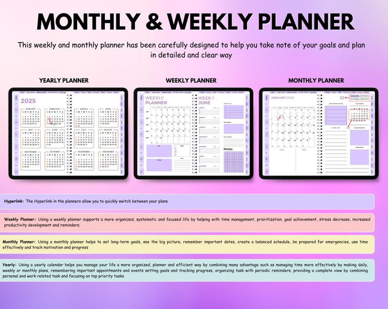 Peut inclure: Planificateur num&eacute;rique avec vues annuelles, hebdomadaires et mensuelles. Le planificateur comprend un calendrier 2025, des horaires hebdomadaires et des mises en page mensuelles. Le design comprend des accents violets et le texte "MONTHLY & WEEKLY PLANNER".