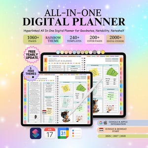 May include: Two digital planners on a colorful background. The larger planner displays a "Month at a Glance" page, while the smaller one shows a detailed layout. Text includes "ALL-IN-ONE DIGITAL PLANNER," "1060+ PAGES," and "RAINBOW THEME."